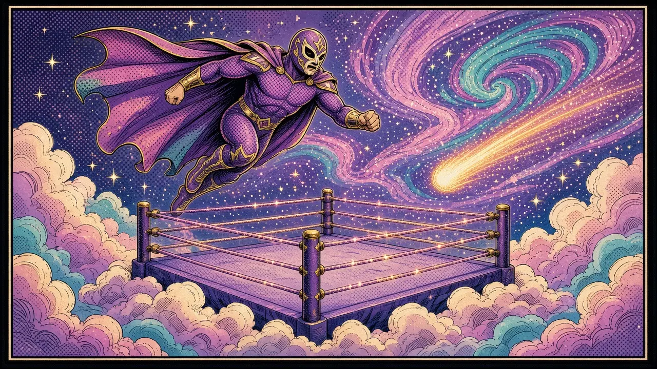 Dreamy pastel comic panel of a caped luchador flying through a starry nebula above a wrestling ring floating on clouds. (Fiction.) It is not a likeness of any wrestler.