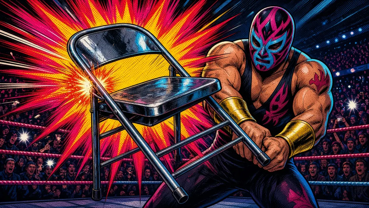 Pop-art illustration of a masked wrestler swinging a gleaming steel chair inside a packed arena, an explosive red and yellow starburst behind it. It is not a likeness of any wrestler.